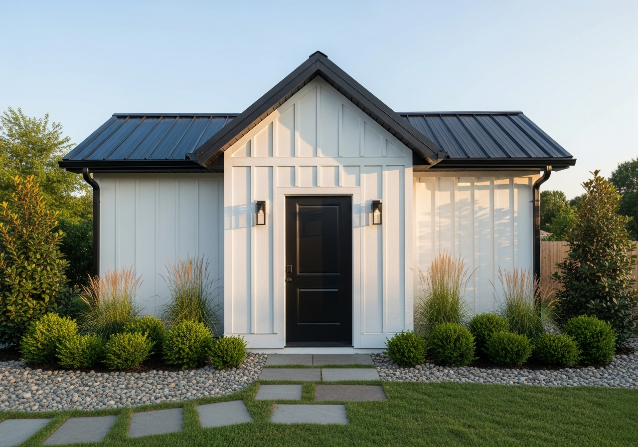 Modern white shed with a single gable front and a black door, surrounded by landscaping